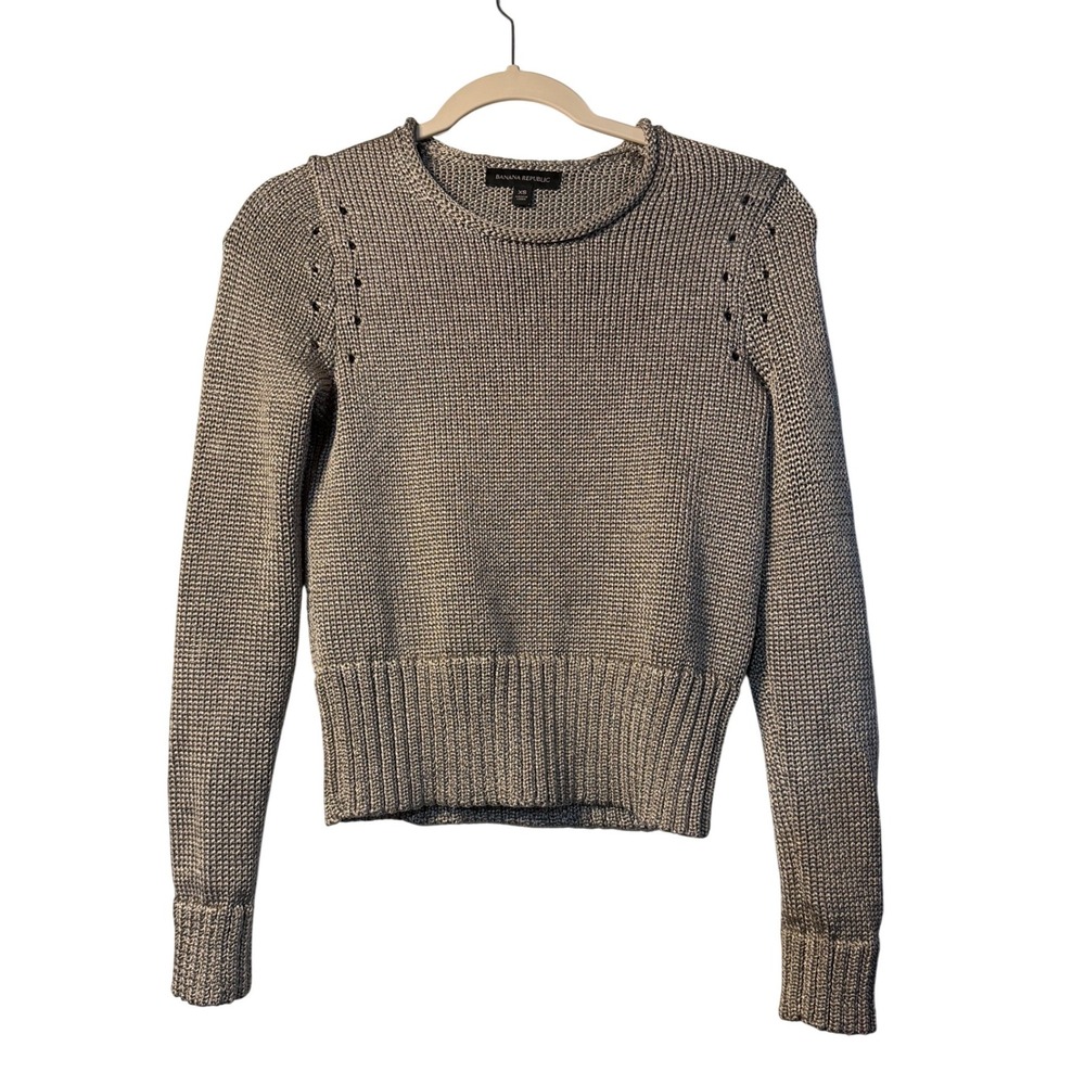 Banana Republic Sweater Silver Metallic Pointelle Eyelet Ribbed Knit Womens XS